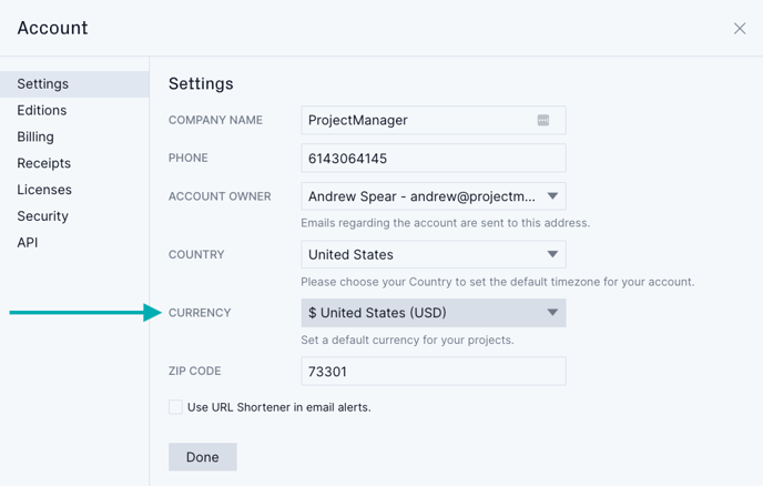 Account currency settings