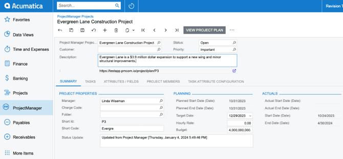 Acumatica projects detail
