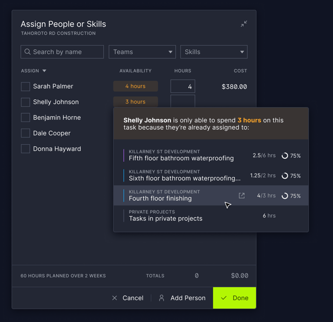 Assigned Hours - Availability dropdown