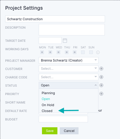 Change project status to closed