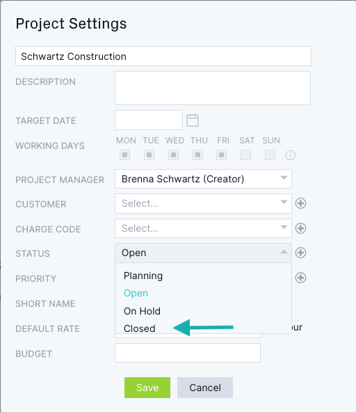 Change project status to closed
