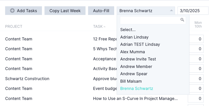 Choose user on timesheet