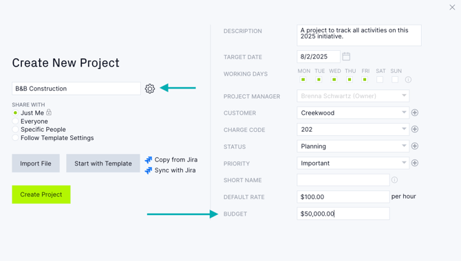 Create new project with budgeting