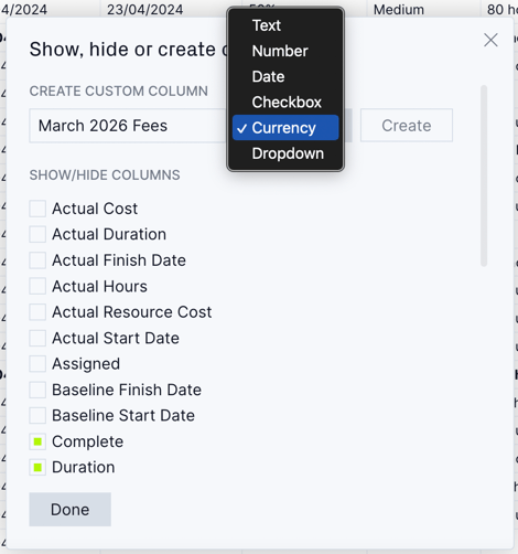 Custom column options