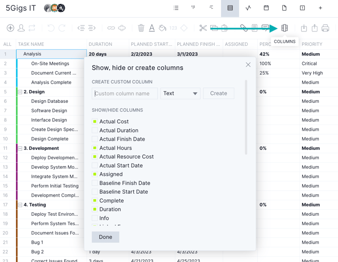 Customize columns on sheet