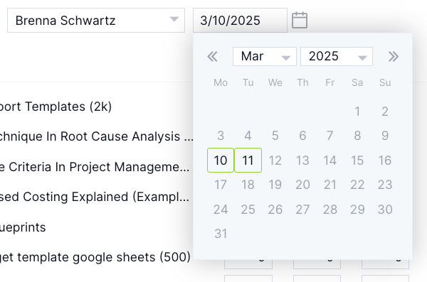 Data range selection on timesheet