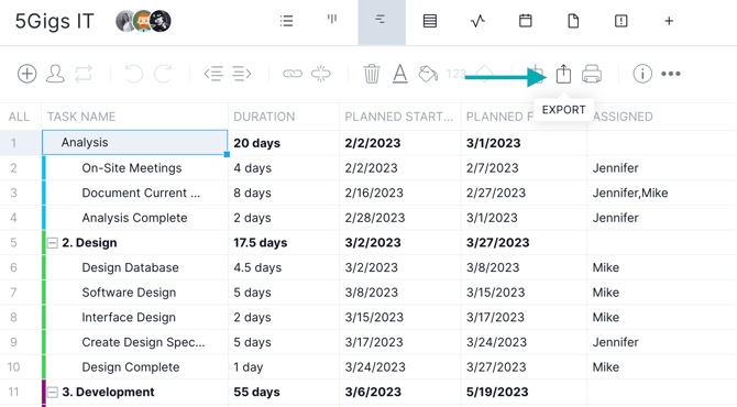 Export on Gantt