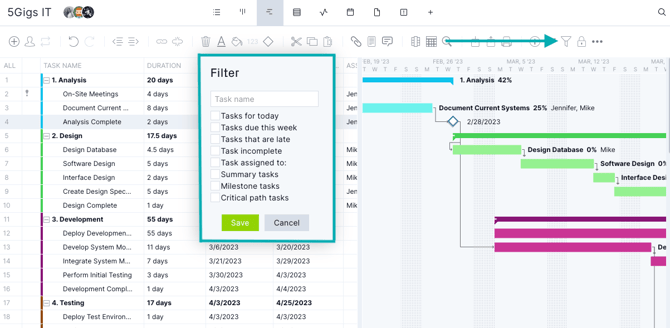 Gantt filter for critical path