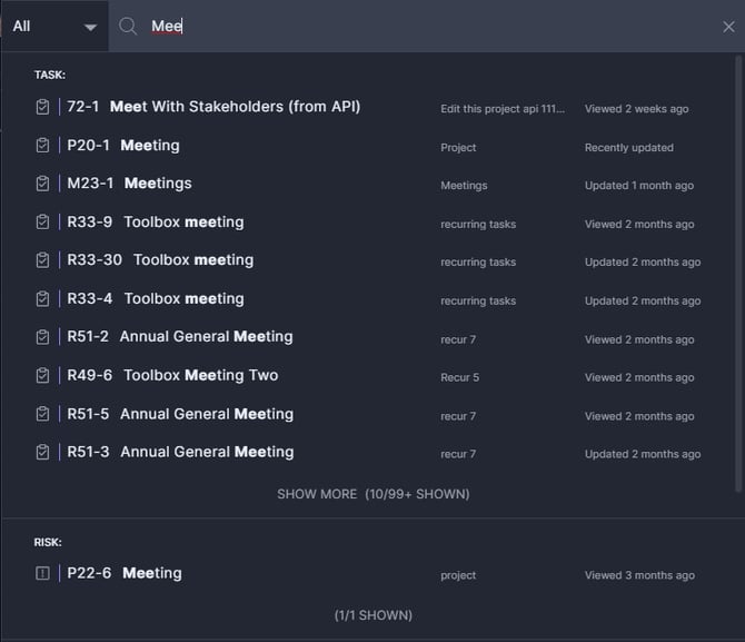 Global search results