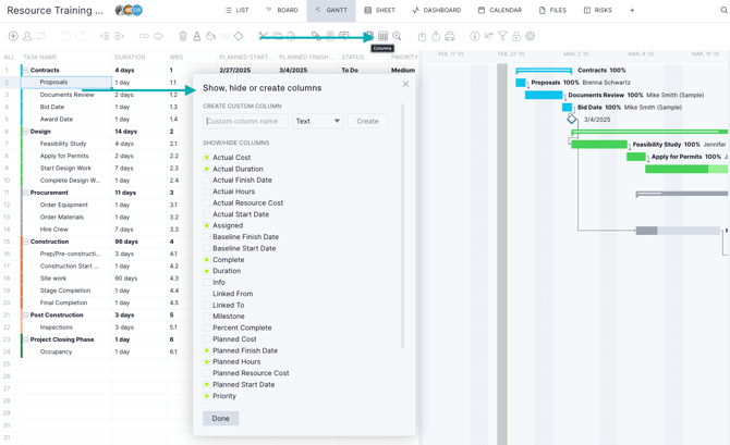 Hide and customize Gantt columns