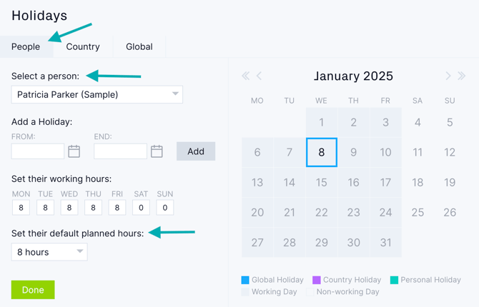 Holidays popup to set default planned hours
