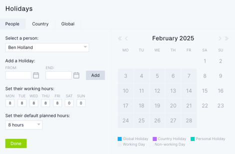 Holidays tab
