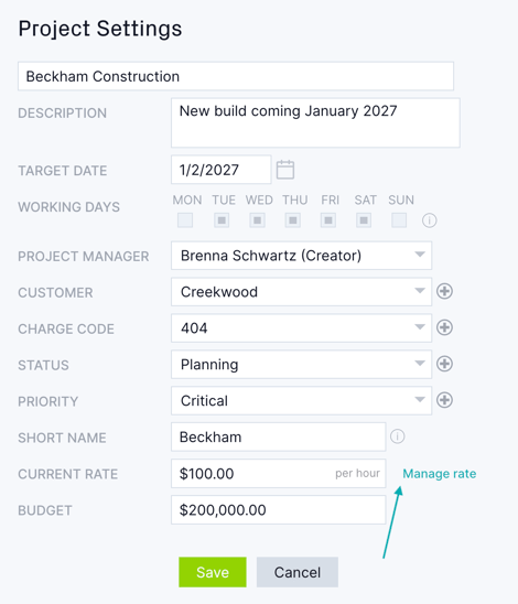 Project settings manage rate
