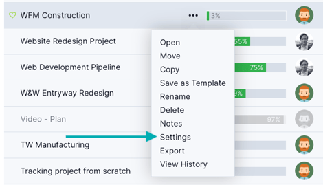 Project settings on portfolio projects