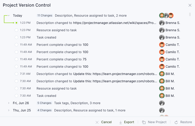 Project version control grouped by day