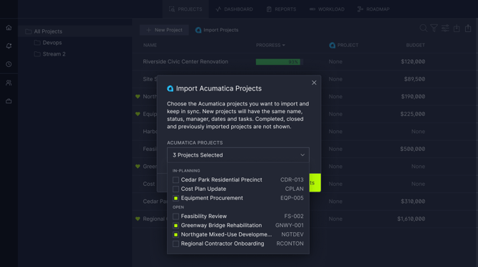 Projects 2b - Import from ACU - Menu open