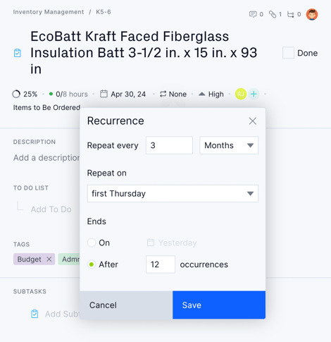 Recurring task inventory management