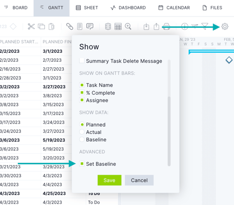 Set a baseline on the Gantt