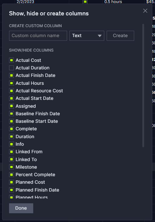 gantt columns screenshot