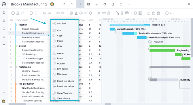 gantt menu
