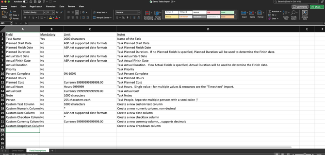 import guidelines field descriptions