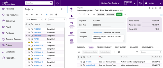 myob project tasks